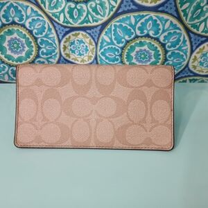 Coach Leather Checkbook Holder - Tan Signature Print